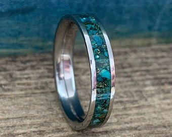 The Hobgoblin - Titanium Ring with Chrysocolla, Green Goldstone and Gold Inlay