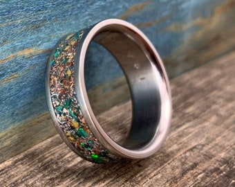 Meteorite Wedding Ring for Men - Personalize Dinosaur Bone Engagement Ring - Unique Engraved Malachite and Opal Inlay Ring - Husband Gift