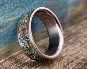Men's Wedding Band - Titanium with Dinosaur Bone, Malachite, and Opal