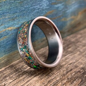 Meteorite Wedding Ring for Men - Personalize Dinosaur Bone Engagement Ring - Unique Engraved Malachite and Opal Inlay Ring - Husband Gift