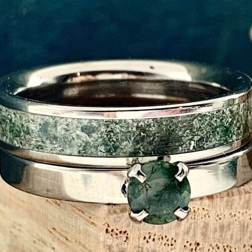 Moss Agate Engagement Ring With Matching Druid Wedding Band Etsy