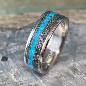 Men&#39;s Titanium Wedding Band with Meteorite & Opal Inlay – Custom Engraved Engagement Ring
