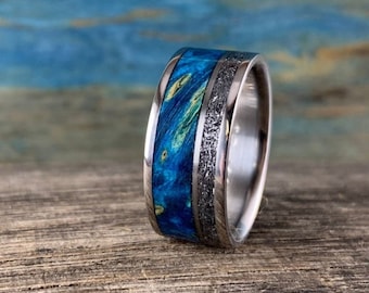 Meteorite Ring for Men - Titanium Ring with Blue Wood and Gibeon Meteorite Inlays