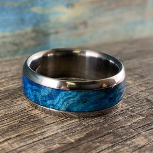 Men's Titanium Ring with Blue Box Elder Burl Inlay - Wood Ring for Men - Free Engraving