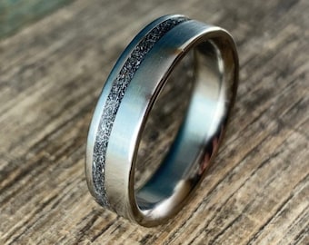 Unique Meteorite Ring For Him - Custom made Titanium and Meteorite Ring - Mens Wedding Band