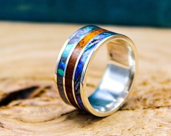 Abalone Ring - Sterling Silver Ring with Abalone and Mahogany - Men's Wedding Band