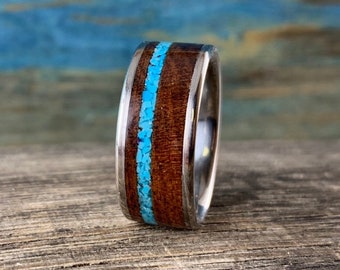 Titanium Ring with Wenge Wood and Turquoise Inlays - Mens Wedding Ring