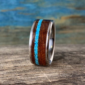Titanium Ring with Wenge Wood and Turquoise Inlays - Mens Wedding Ring