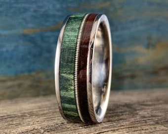 Men's Titanium Wedding Ring with Guitar String and Rosewood