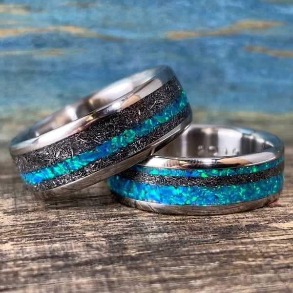 Opal Wedding Rings Set His and Hers - Male Engagement Rings - Titanium Meteorite Rings Set