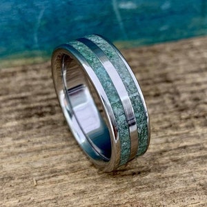 Titanium Wedding Ring with Moss Agate - Moss Agate Ring for Men - Free Ring Engraving