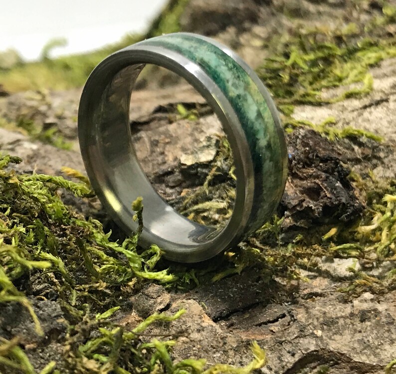 Mens Wooden Wedding Band 5th Anniversary, Mens Titanium Ring Custom Engraving Green Box Elder Wood Inlay Wedding Band For Men