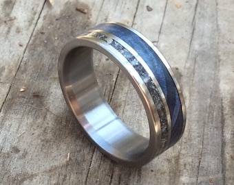 Wood Wedding Band - Mens Titanium Ring with Meteorite and Blue Box Elder Inlay