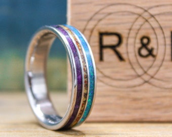 Dinosaur Bone, Opal and Purple Box Elder Wood Wedding Band for Him - Men's Titanium Wedding Ring