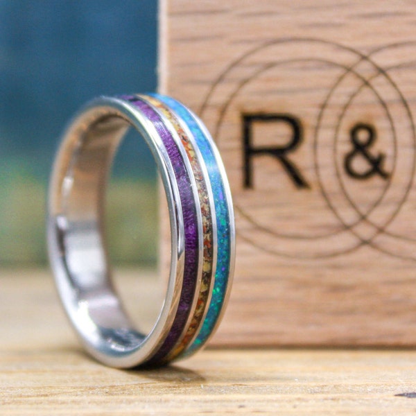 Dinosaur Bone, Opal and Purple Box Elder Wood Wedding Band for Him - Men's Titanium Wedding Ring