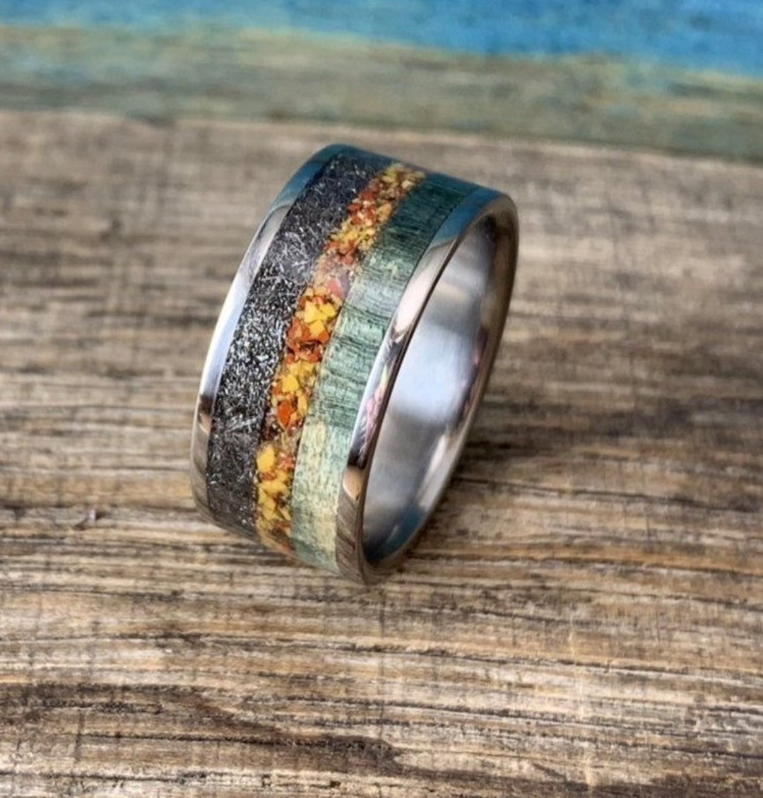 Meteorite Ring Mens Dinosaur Bone Ring 10mm Wide Ring Mens Wedding Band ...