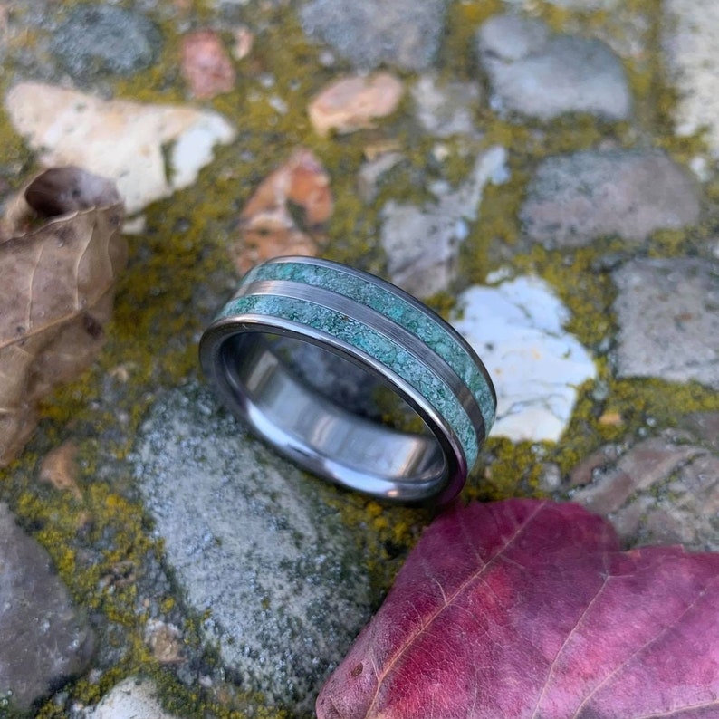 Titanium Wedding Ring with Moss Agate Moss Agate Ring for Men Free Ring Engraving image 4