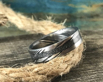 Damascus Steel Ring - Meteorite Ring Men - Wedding Band for Him