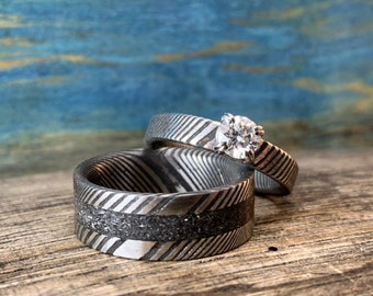 Damascus Steel Rings - His and Hers Matching Ring Set - Damascus Steel, Meteorite and Moissanite