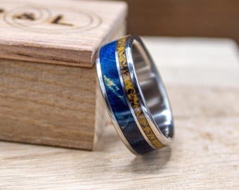 Dinosaur Bone Ring - Mens Titanium Wedding Band with Blue Box Elder Wood