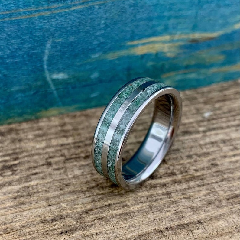 Titanium Wedding Ring with Moss Agate Moss Agate Ring for Men Free Ring Engraving image 2