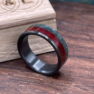 Black Titanium Ring with Moss Agate and Redwood Inlays - Custom Wedding Band - Engraved