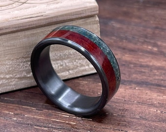 Black Titanium Ring with Moss Agate and Redwood Inlays - Custom Wedding Band - Engraved