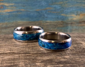 Titanium and Blue Wood Wedding Rings Set - Custom Made His and Hers Wedding Bands