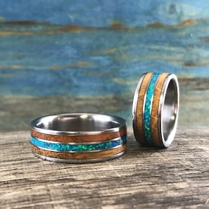 Wedding Rings Set His and Hers - Titanium Rings with Whiskey Barrel Wood and Blue Green Opal