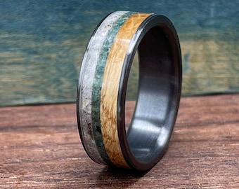 Whiskey Barrel Men's Wedding Band - Black Titanium Ring, Wood, Antler and Moss Agate