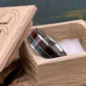 Men's Wedding Band - Titanium Ring with Redwood, Moss Agate and Guitar String Inlays