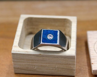 Men's Signet Ring - Titanium Ring with Blue Box Elder and Moissanite