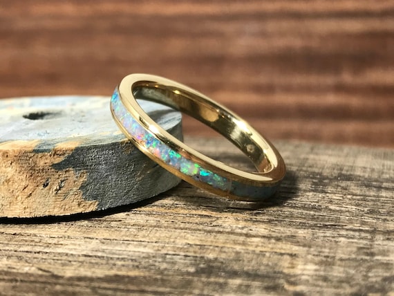 Opal Wedding Band for Women- 10k Yellow Gold Inlay Ring