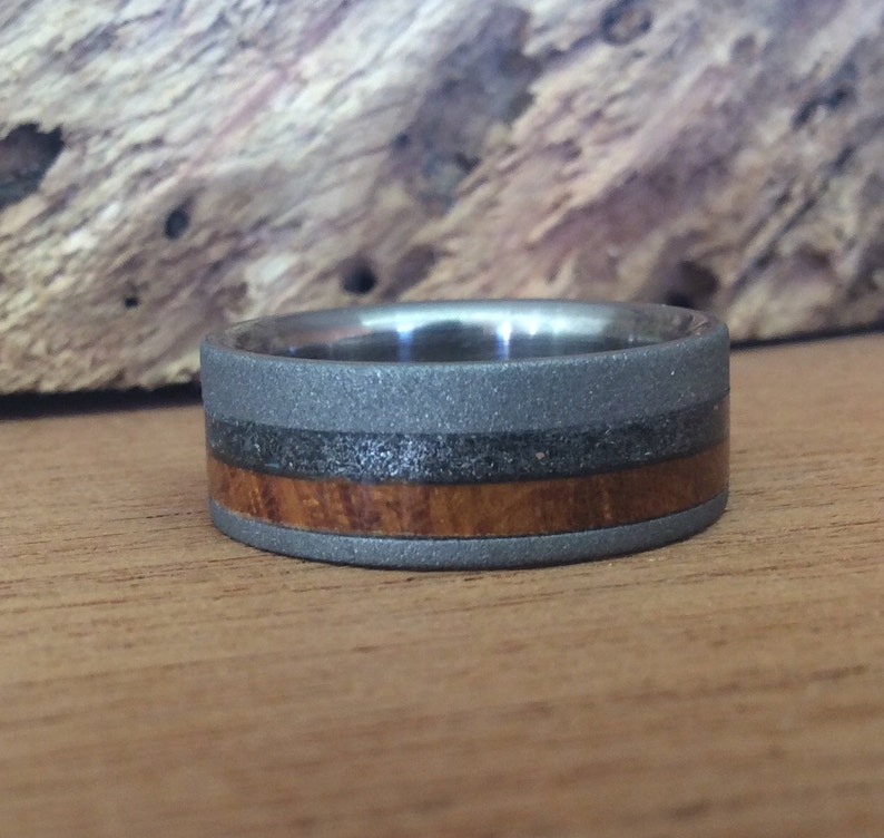 Mens Meteorite Wedding Band Sandblasted Titanium Ring with Gibeon Meteorite and Desert Ironwood Inlays image 3