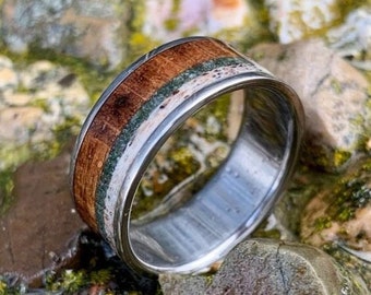 Custom Made Titanium Ring with English Oak, Moss Agate and Deer Antler