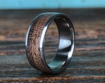 Mens Wedding Band with Black Walnut Inlay - Titanium Ring for Men - Engraved