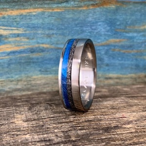 Mens Meteorite Ring - Titanium Wedding Band with Dyed Blue Wood Inlay - Engraved image 3