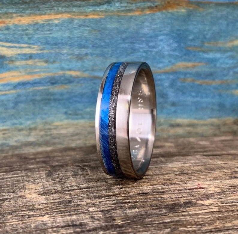 Mens Meteorite Ring - Titanium Wedding Band with Dyed Blue Wood Inlay - Engraved image 3