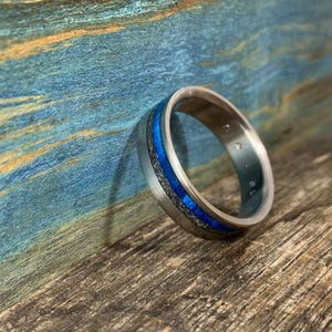 Mens Meteorite Ring - Titanium Wedding Band with Dyed Blue Wood Inlay - Engraved image 6
