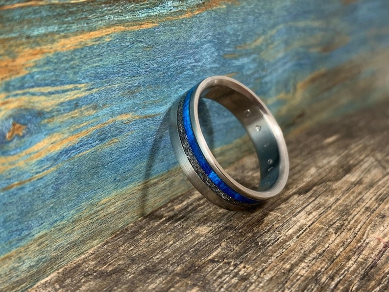 Mens Meteorite Ring - Titanium Wedding Band with Dyed Blue Wood Inlay - Engraved image 6