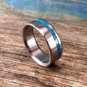 Mens Wedding Band - Titanium Ring with Turquoise Inlay - Engraved