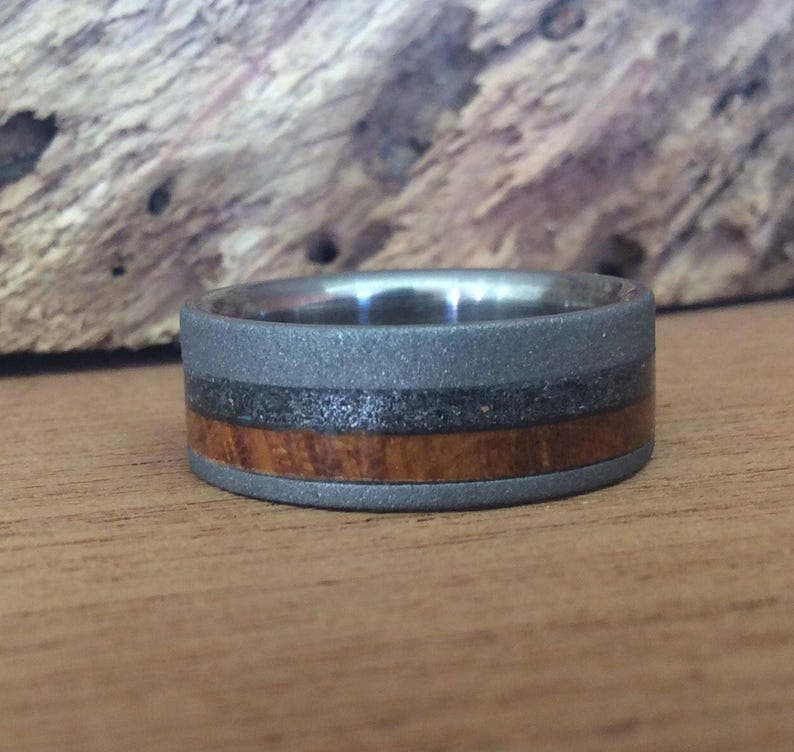 Meteorite Ring - Sandblasted Titanium Wedding Band with Wood Inlays image 3