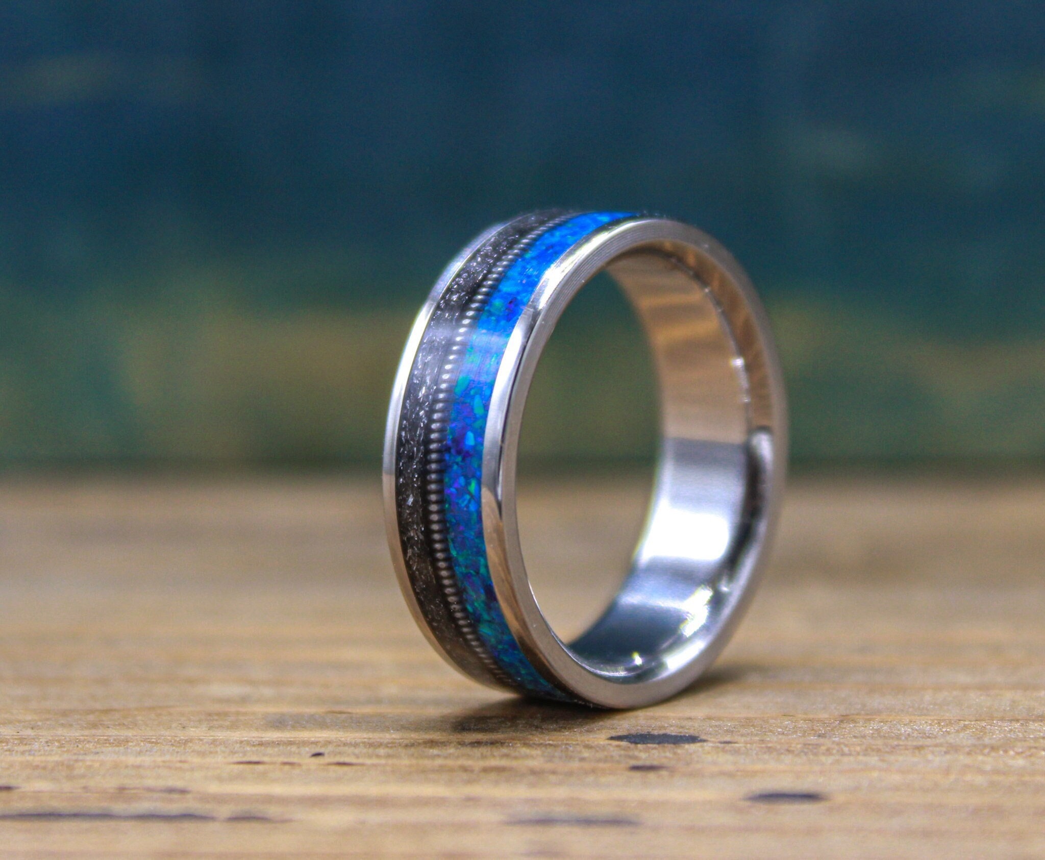 Titanium Ring With Gibeon Meteorite and Blue Opal - Men's Wedding Band ...