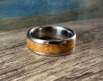 Mens Wedding Band with Mango Wood Inlay, Titanium Nature Ring