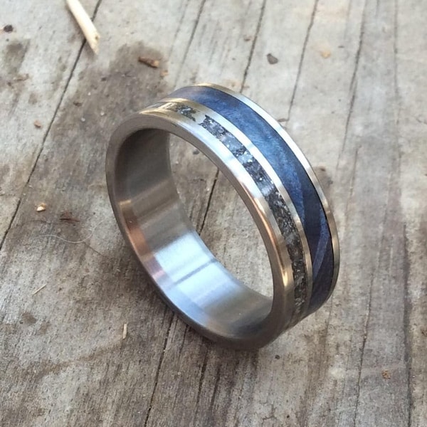 Men's Titanium Ring with Gibeon Meteorite and Blue Wood Inlays - Custom Wedding Band