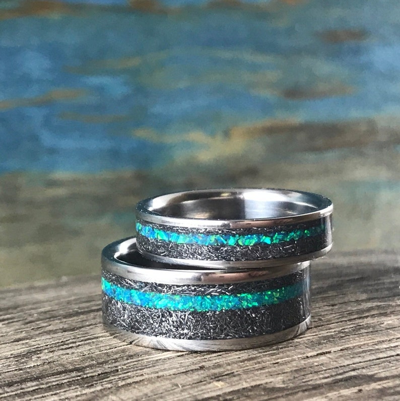 Meteorite Rings Set His and Hers Wedding Bands Set Opal Etsy