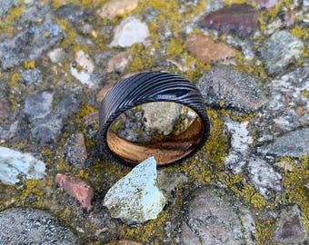 Damascus Steel Ring with Zebra Wood Inlay - Custom Wedding Band for Men