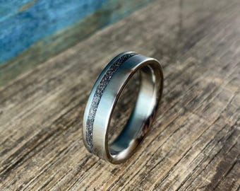 Mens Meteorite Ring - Polished Titanium Wedding Band - Engraved