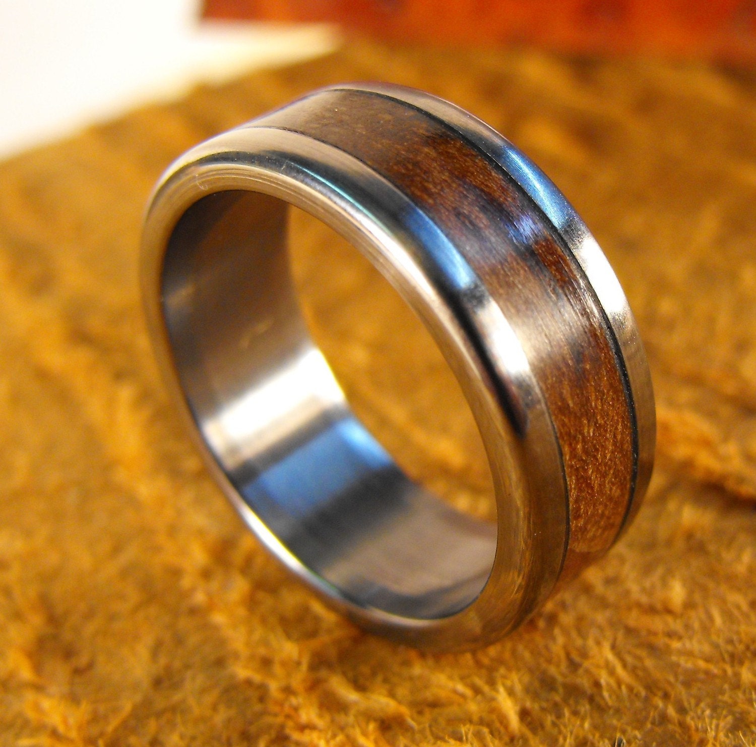 Mens Wedding Ring - Titanium Ring with Pecan Wood Inlay - Rustic Wedding Band for Him