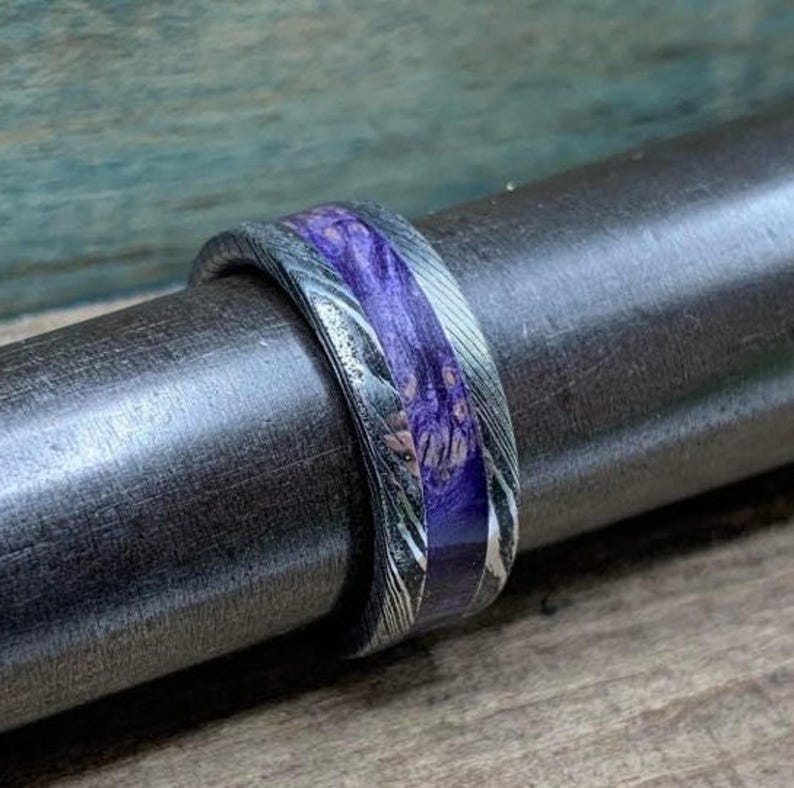 Purple Wedding Band, Stainless Steel Damascus Ring with Box Elder Inlay image 7